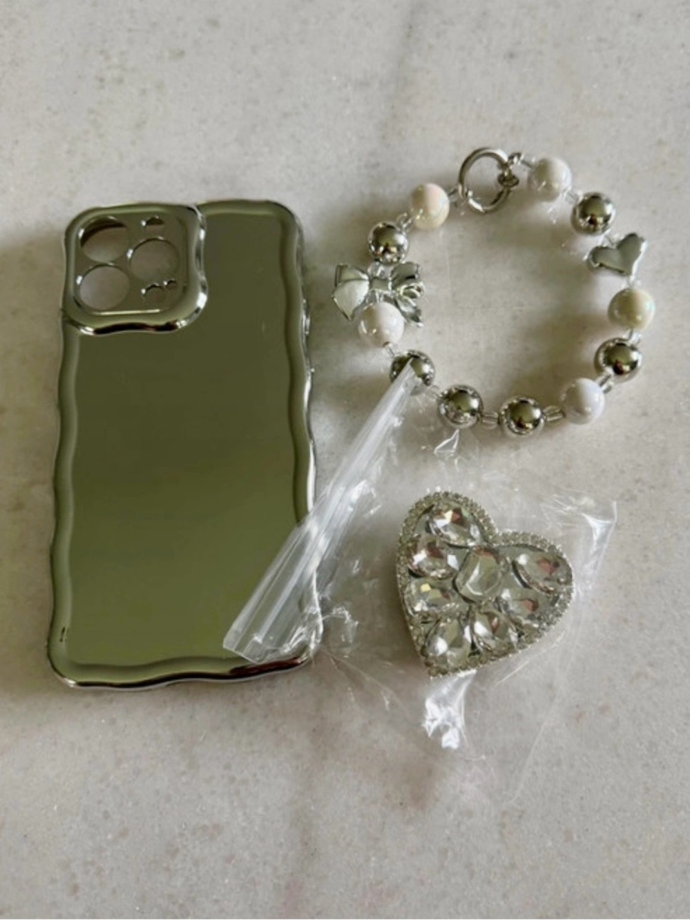 🛍️3/$15 iPhone 13 Pro mirrored case phone grip beaded charm accessory bundle